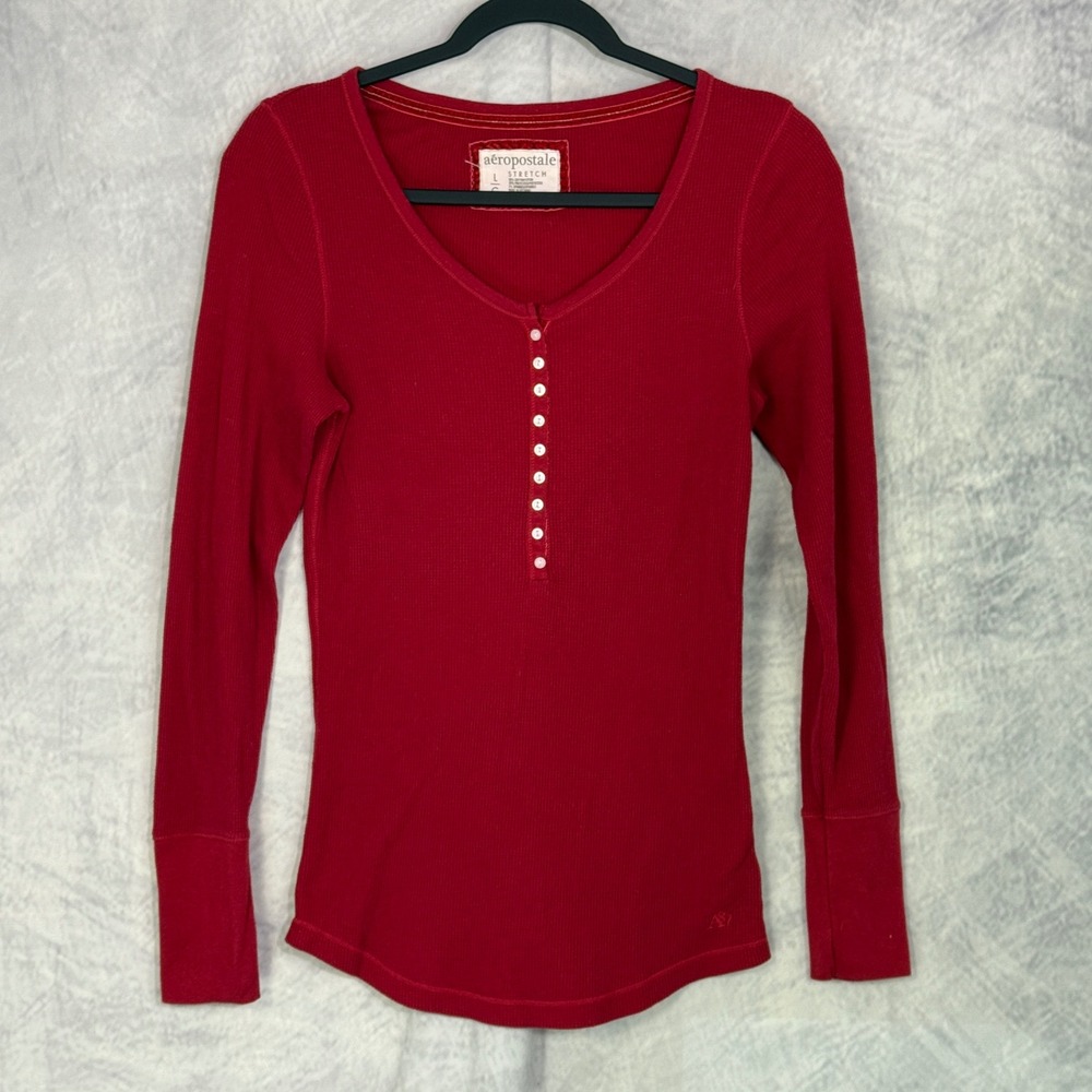 vtg y2k Aeropostale Womens Red Thermal Fitted Henley top Sz L‎ Vampire Diaries